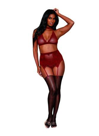 Ensemble 4 pièces soutien gorge, tour de cou, string et porte jarretelles rouge - DG11776GAR